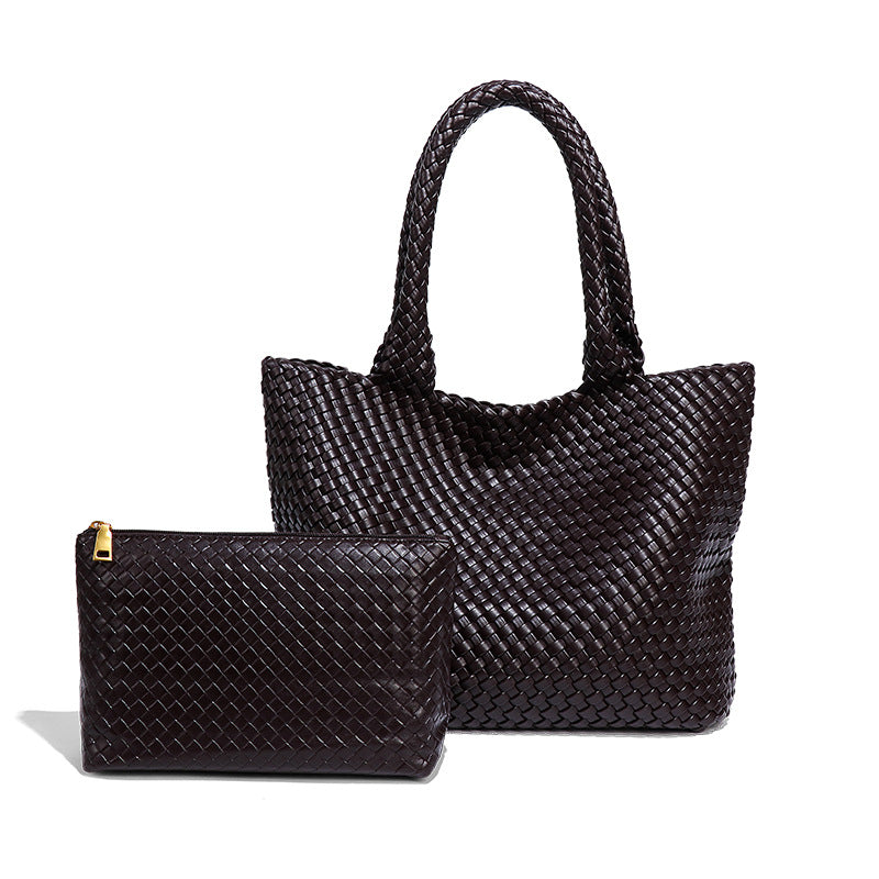 欧美复古大容量通勤手提包时尚简约手工编织包软皮百搭单肩子母包