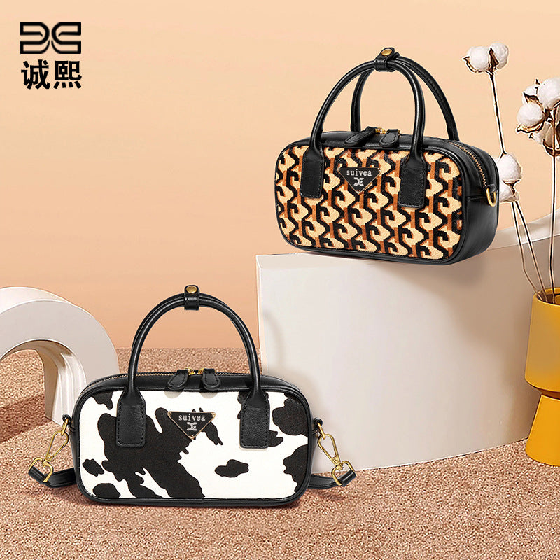 秋冬新款高级感豹纹手提包时尚百搭马毛包包质感通勤单肩斜挎女包