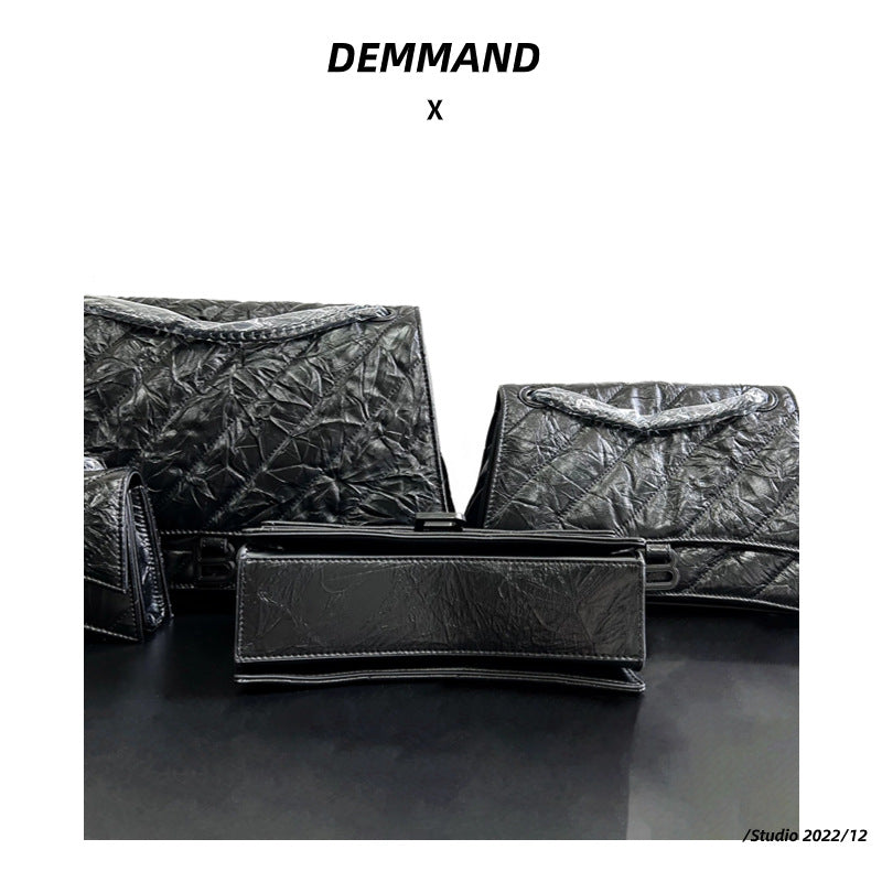 高级感头层牛皮沙漏包2023秋冬新款褶皱菱格链条包b家单肩斜挎女