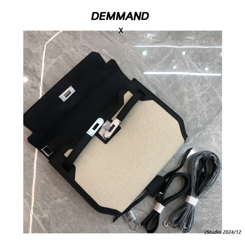 欧美时尚帆布配牛皮凯莉包2024秋冬新款单肩斜挎撞色气质小方包女