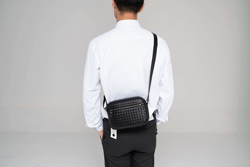 X&BV单肩包男真皮休闲商务时尚小背包潮男编织迷你男士斜挎包百搭