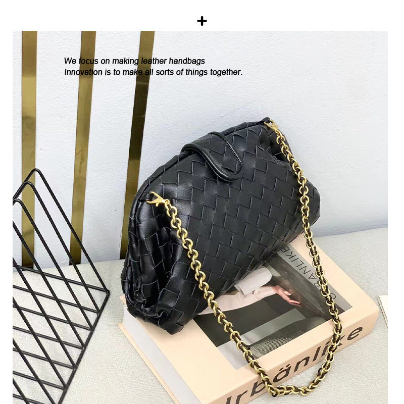 新款链条编织云朵包牛皮单肩腋下手拿包夹子包真皮女包潮流时尚单