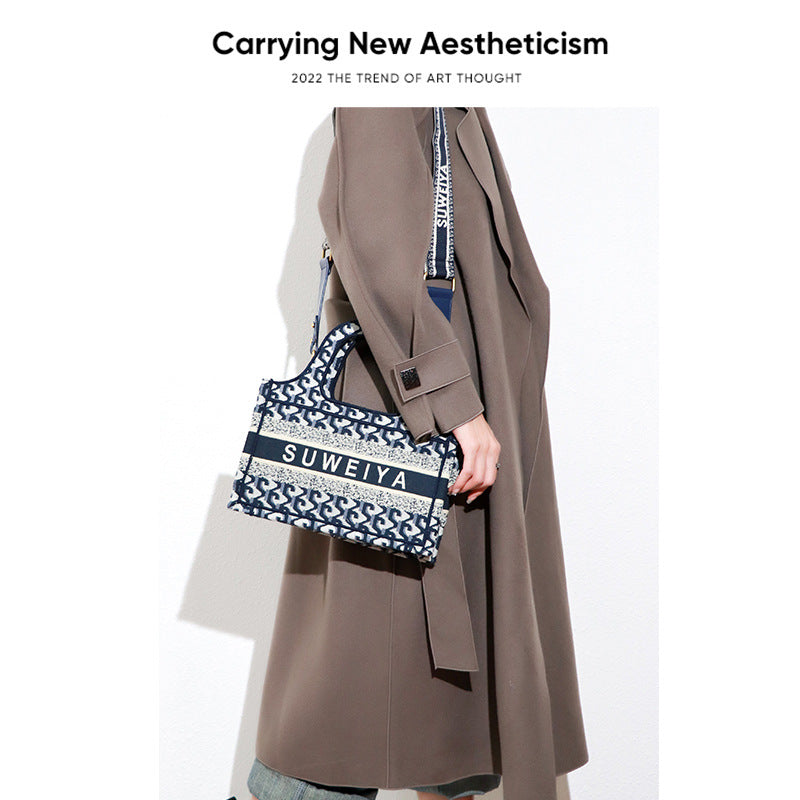 包包2025秋冬新款时尚欧美刺绣棉麻购物袋迷你手提包单肩斜挎女包