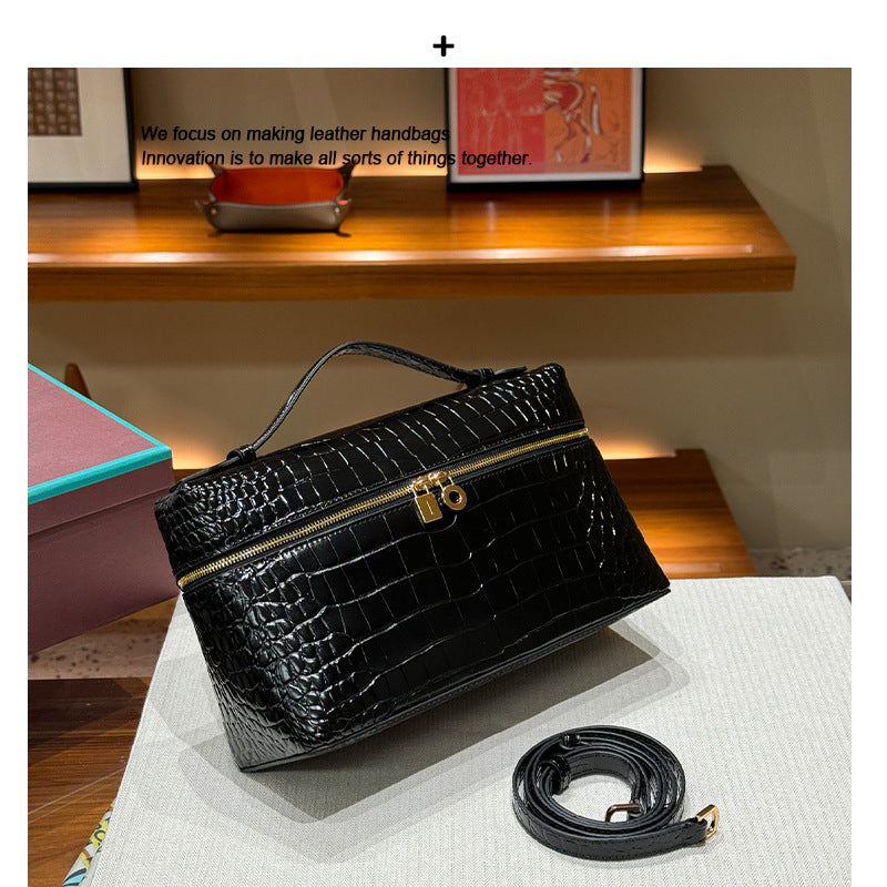 头层牛皮LP27饭盒包女高级感鳄鱼纹手提凯莉包2025新款单肩化妆包