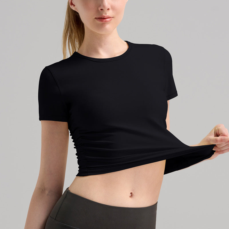 INF罗纹运动T恤女褶皱收腰短款健身服上衣透气速干lulu瑜伽服短袖