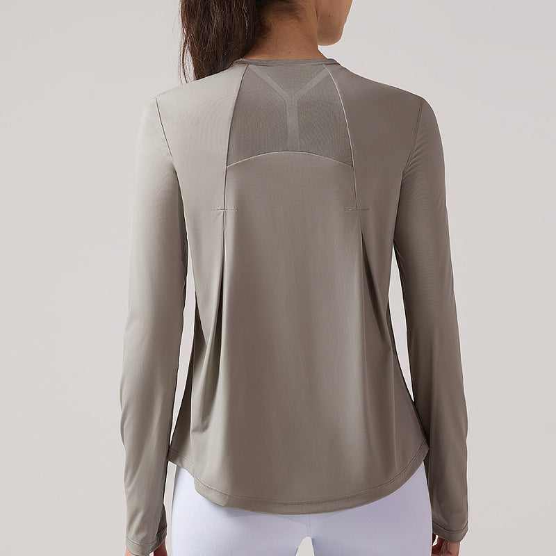 lulu网纱运动长袖女速干透气瑜伽服上衣圆领休闲T恤跑步健身罩衫