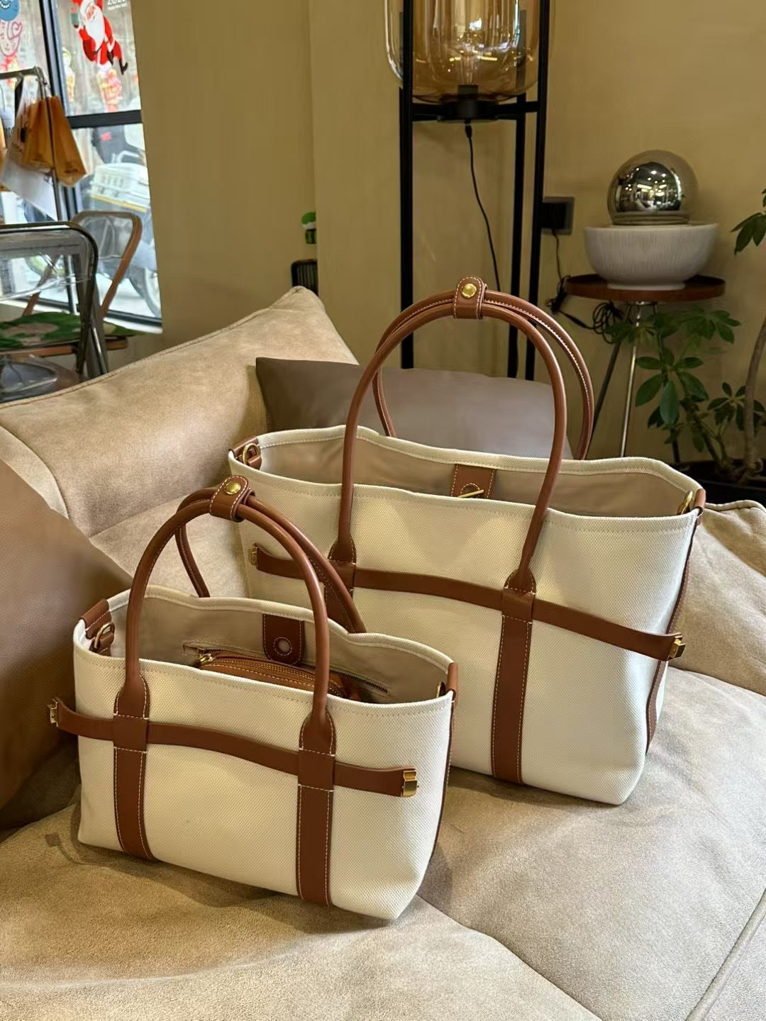 帆布托特包包女2025新款高级感小众设计撞色手提包大容量通勤百搭