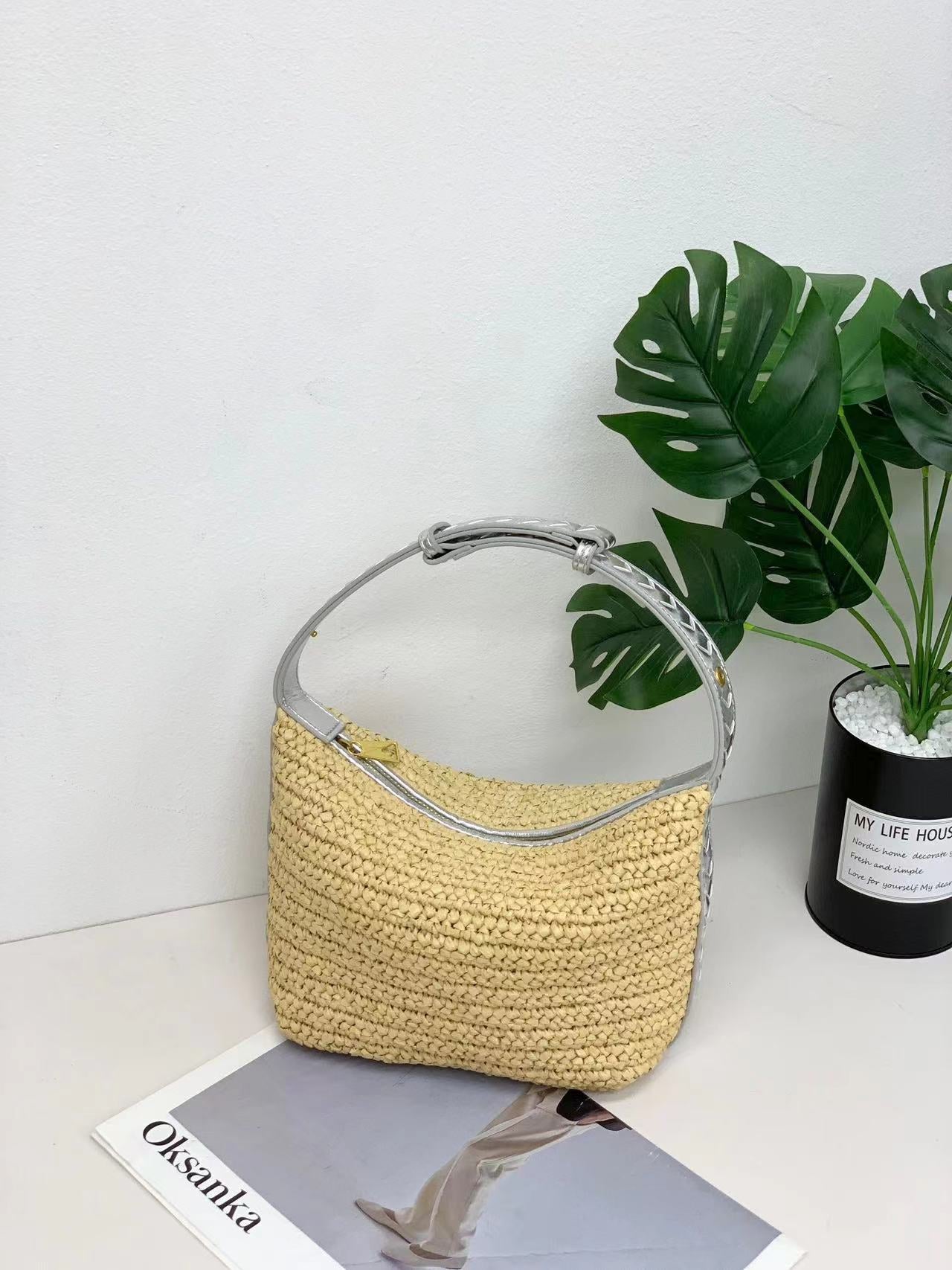 草编包饭盒包2024春夏新款包包女沙滩度假拉菲草手拎包单肩腋下包