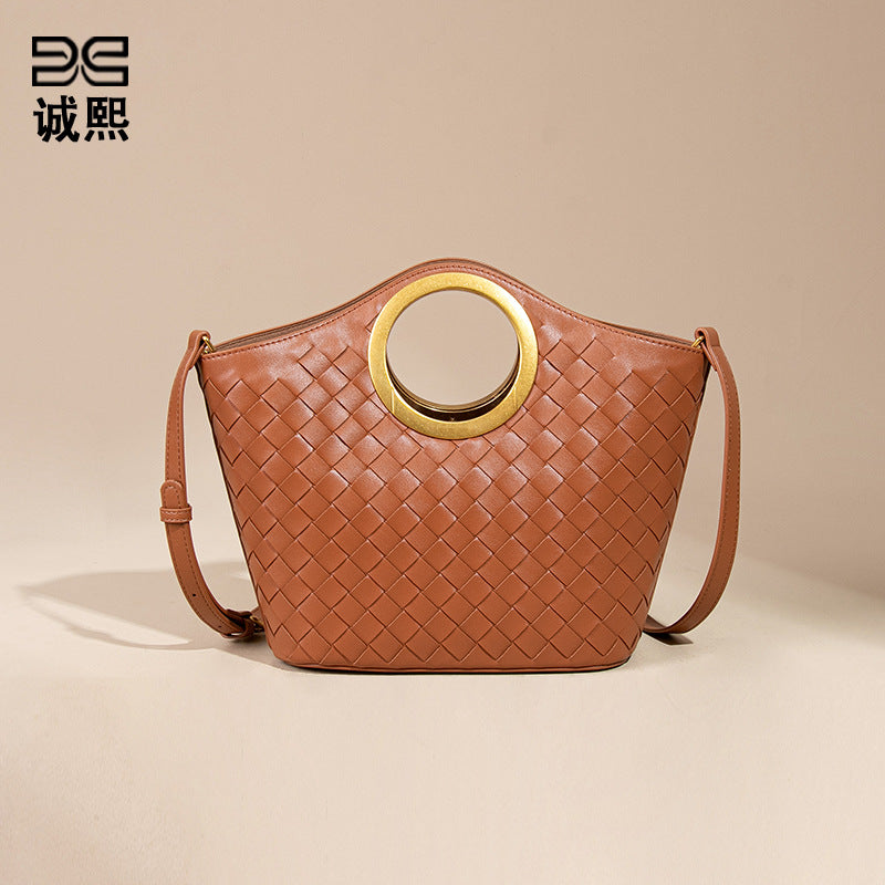 纯色复古菜篮子手工编织女包休闲百搭手提托特包包潮流单肩斜跨包