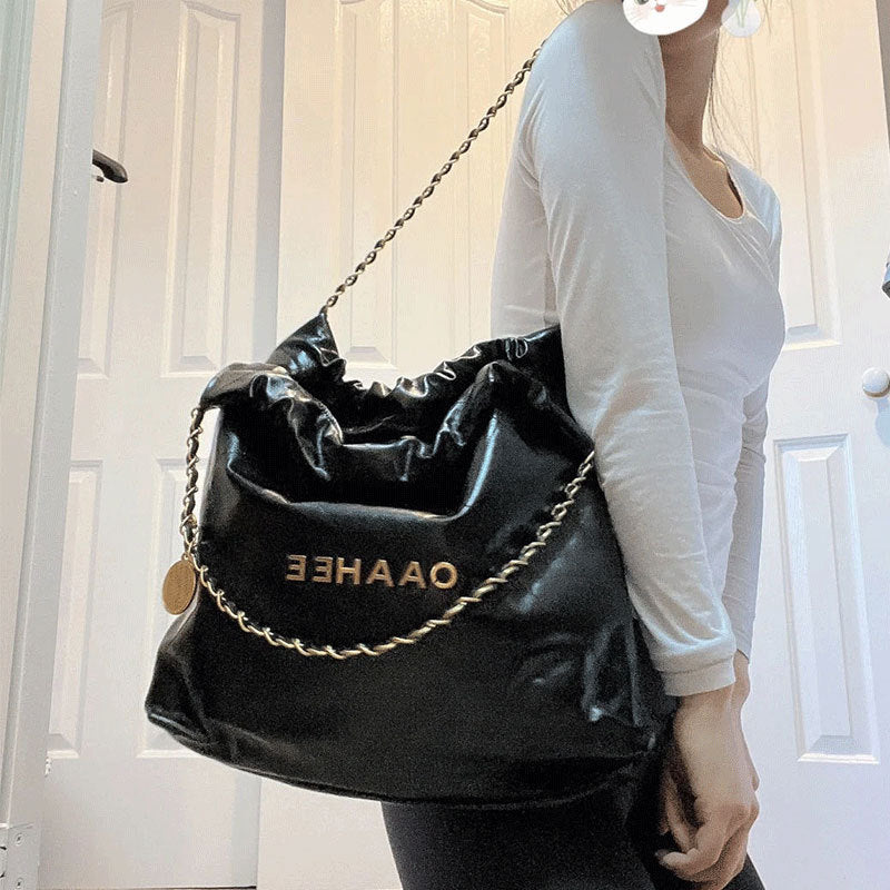 小香黑银垃圾袋包2023新款真皮托特包高级感大容量单肩菱格链条包