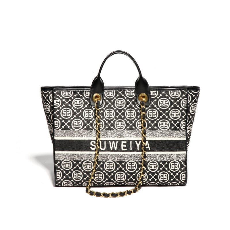 跨境女大容量手提包2023新款字母简约托特包复古棉麻休闲腋下包