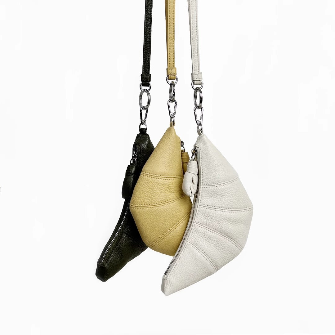 LE迷你挂脖牛角包钥匙零钱包头层牛皮可颂包单肩斜挎挂腰饺子包