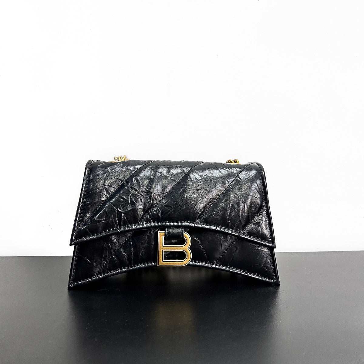 高级感头层牛皮沙漏包2023春夏新款褶皱菱格链条包单肩斜挎包女