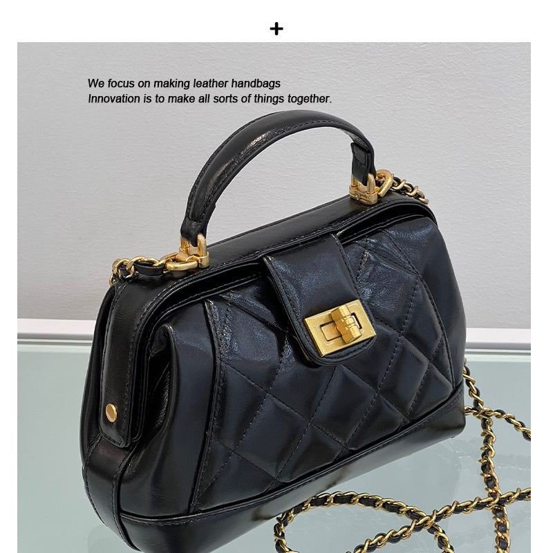 小香风菱格链条包油蜡头层牛皮复古斜挎包小包通勤夹子医生手提包