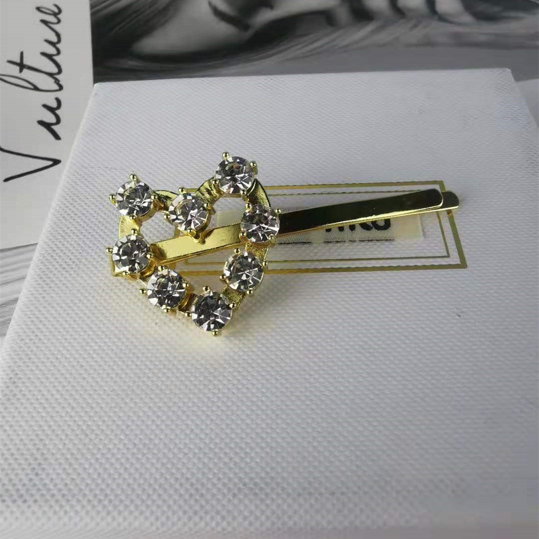 缪家新款法式爱心镶钻发夹心形一字夹时尚甜美气质弯夹镀金发饰品