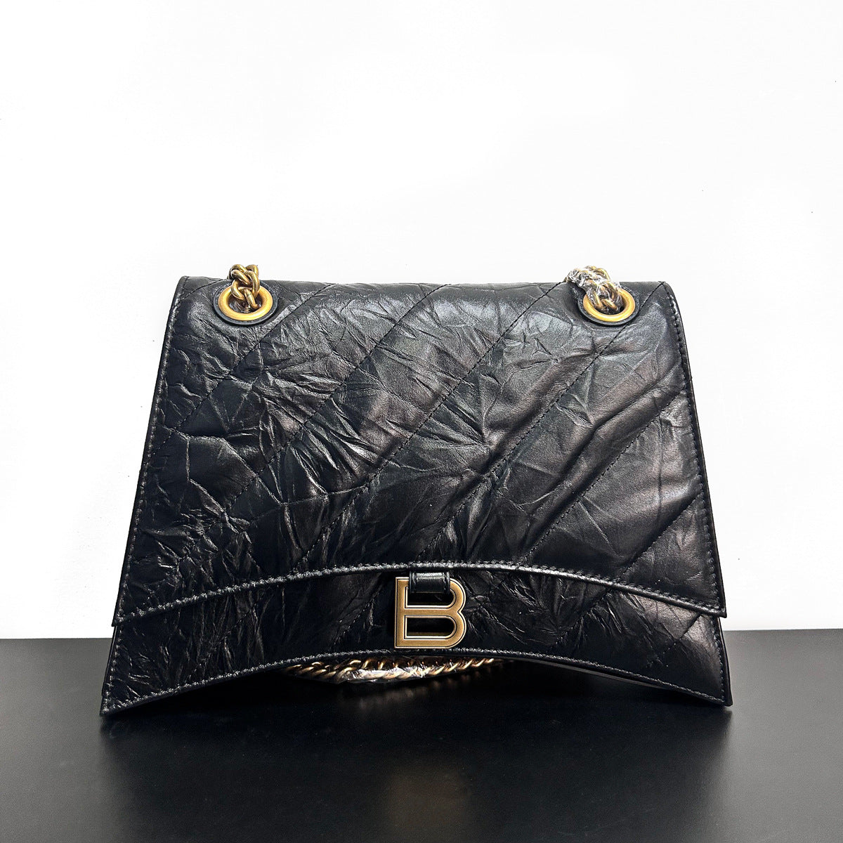 头层牛皮沙漏包2022秋冬新款褶皱菱格链条包b家单肩斜挎女通勤