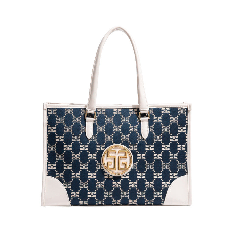 跨境通勤女士手提包棉麻刺绣大气托特包外贸简约休闲大容量妈咪包