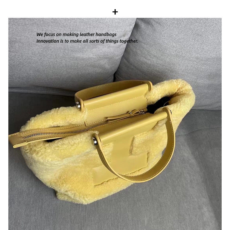 包包女2023秋冬新品网红撞色复古牛皮羊毛大容量托特包单肩斜挎包