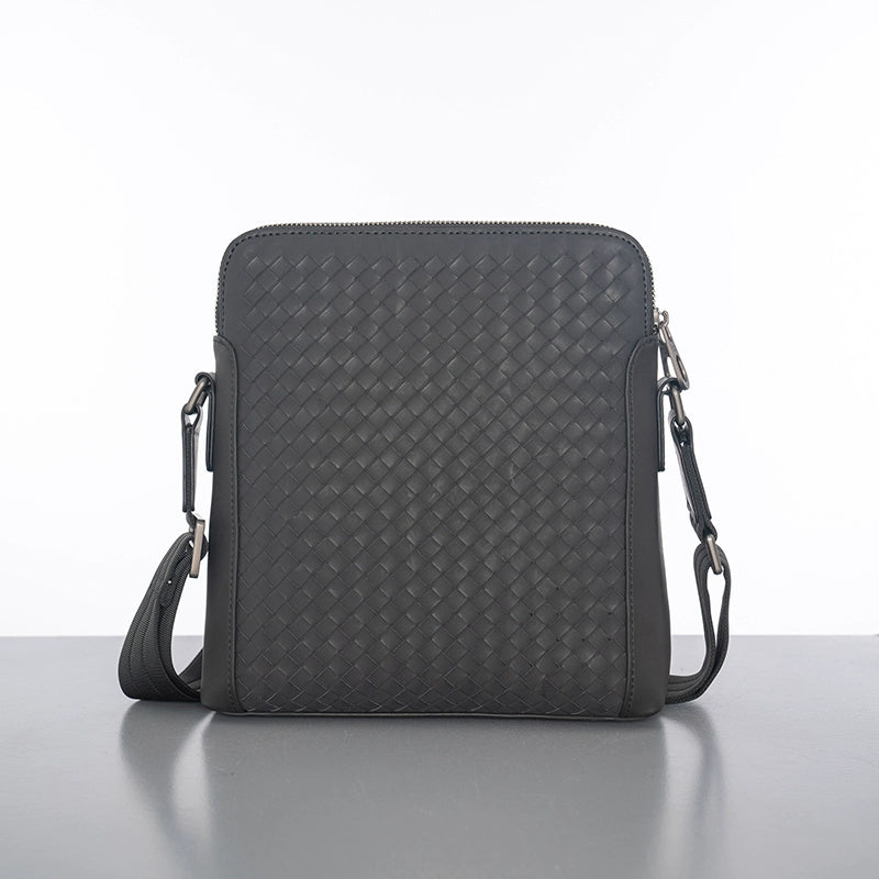 X&BV男包单肩包男士斜挎包商务休闲编织双拉链真皮包包背包男竖款