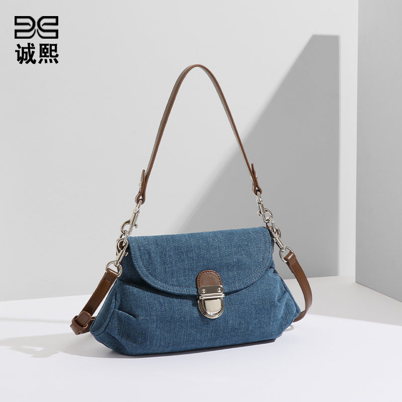 原创设计韩版手提信封包软面牛仔布单肩腋下包百搭大容量斜挎女包