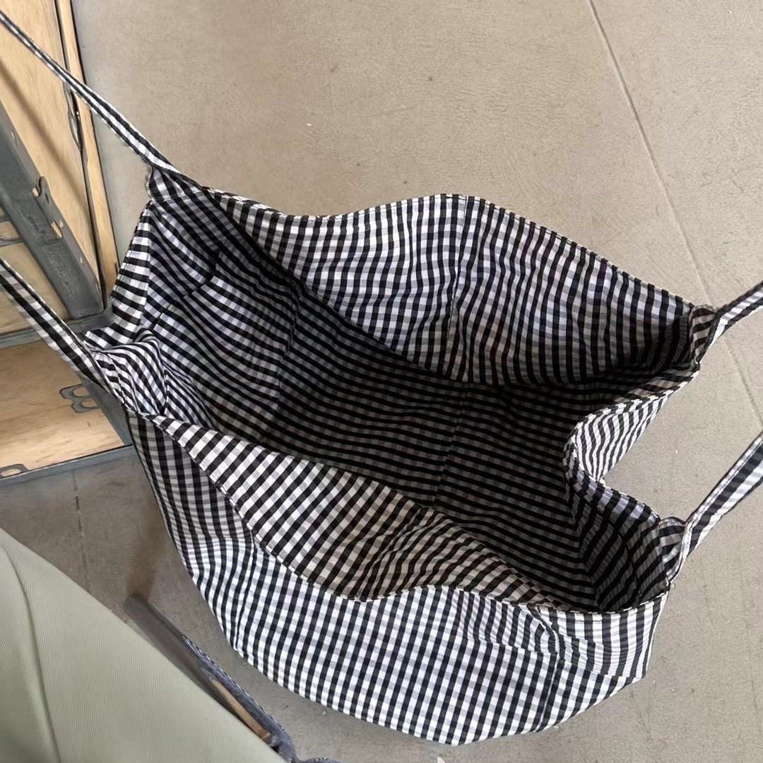 黑白格子帆布包大容量托特包包女休闲慵懒风购物袋轻便单肩包大包