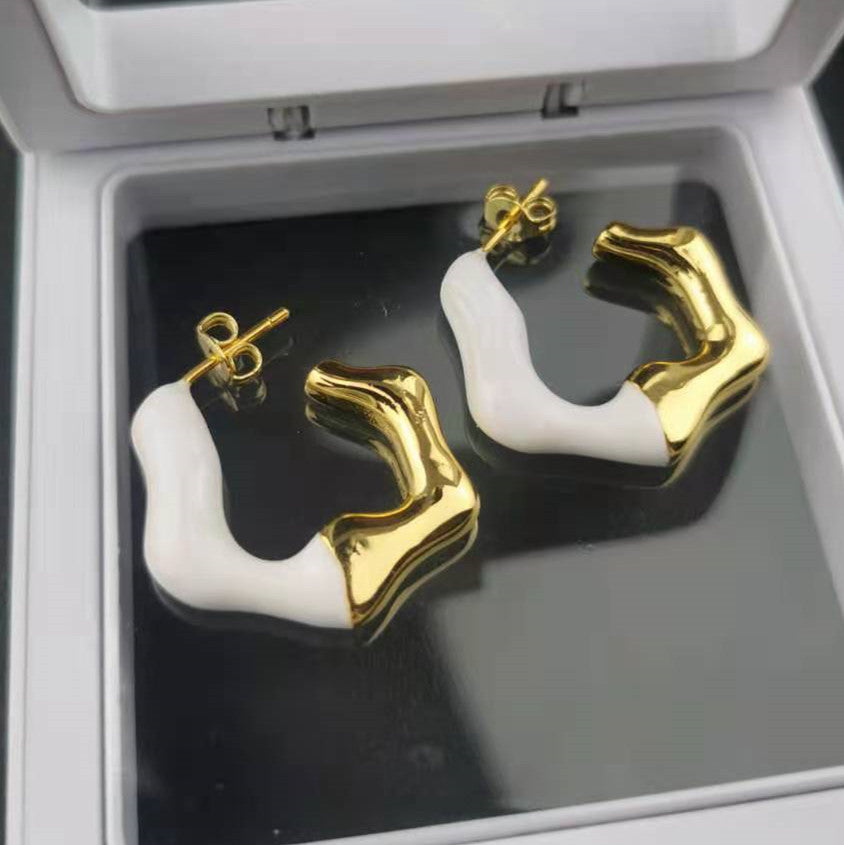 CELI赛家不规则波浪形耳环微镶珍珠粒耳坠耳钉女撞色耳饰镀真金