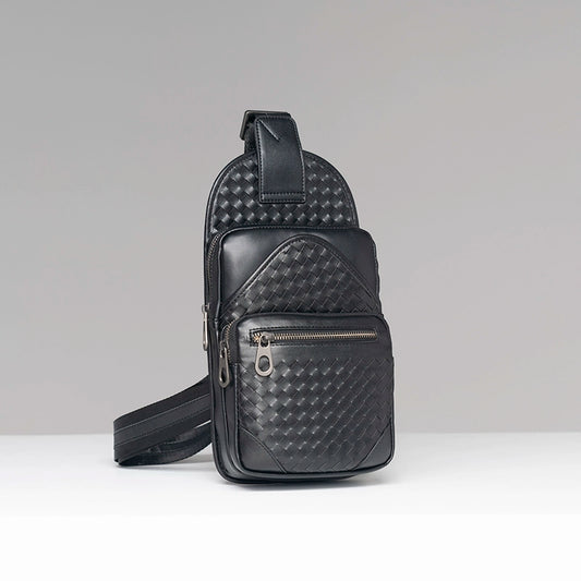 X&BV胸包男真皮休闲青年潮男背包编织单肩斜挎包男士新款多功能包