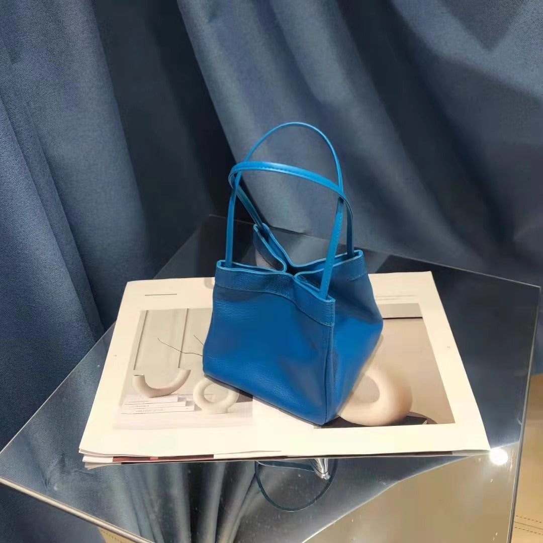 新中式国风晕染菜篮子包牛皮绸缎锦囊包手提包女单肩斜挎包水桶包