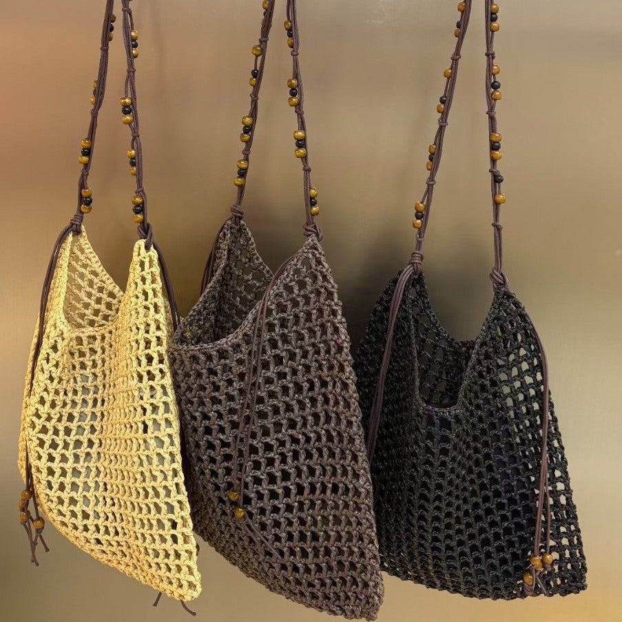 夏天沙滩包拉菲草编织包串珠复古腋下包大容量购物包单肩托特包女