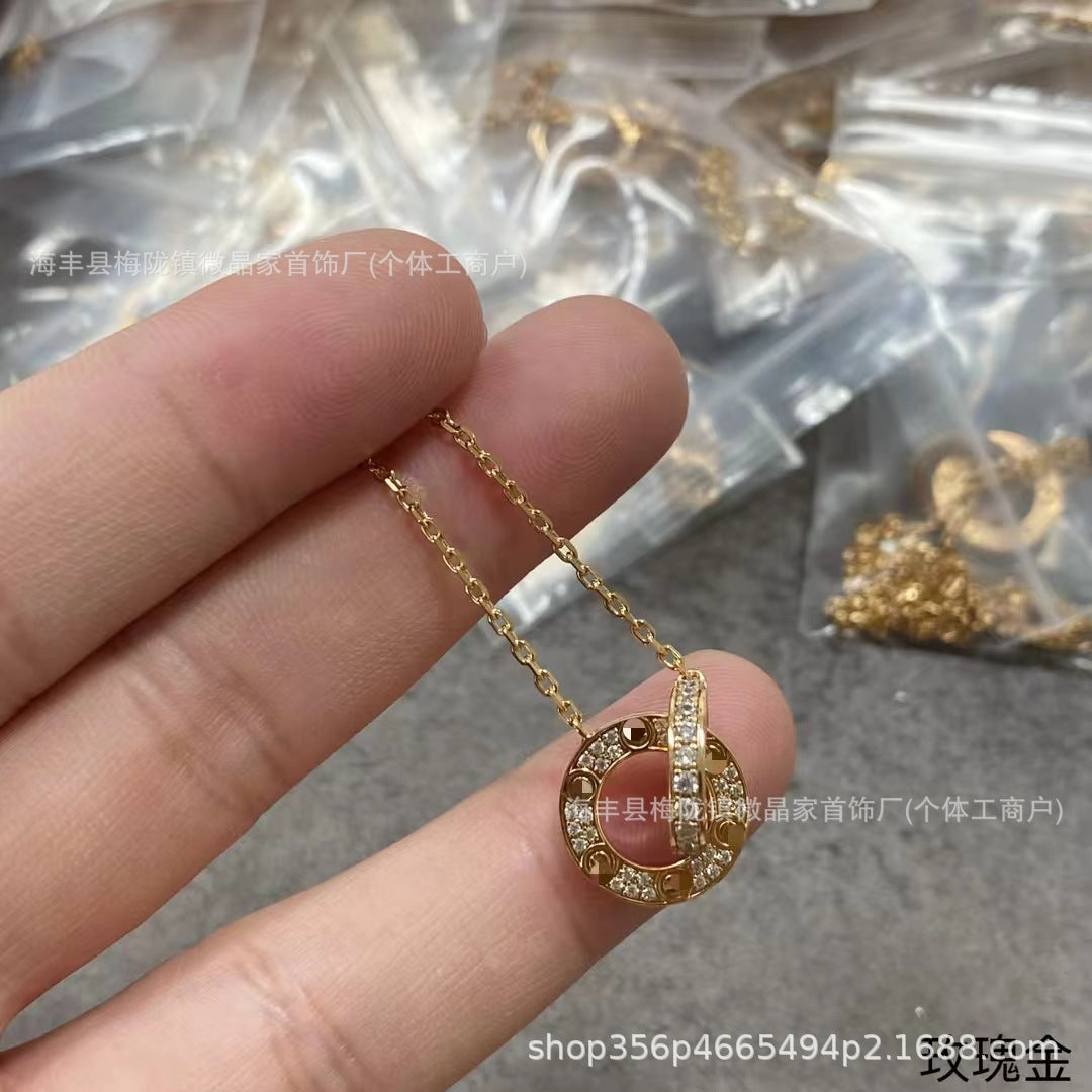 卡家高版本双环满天星圆饼项链女精工镀18K玫瑰金轻奢高级感锁骨