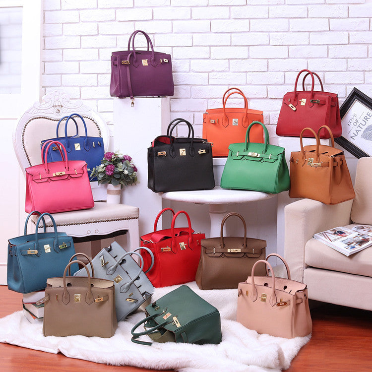 欧美外贸款头层牛皮荔枝纹铂金包真皮女包手提包单肩斜挎凯莉大包