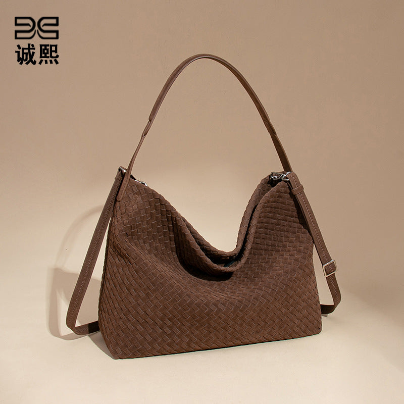 欧美复古麂皮绒单肩腋下包大容量斜跨编织女包质感手提子母托特包