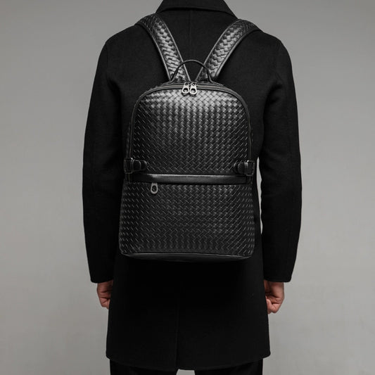 X&BV男士双肩包真皮大容量商务休闲旅行电脑背包编织男包时尚书包