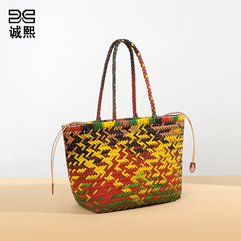 高端定制真皮菜篮子手提包彩色手工编织托特包森系潮流单肩腋下包