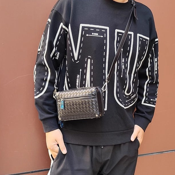 编织男士包羊皮真皮男包时尚小箱子包女生单肩斜挎包盒子无痕代发