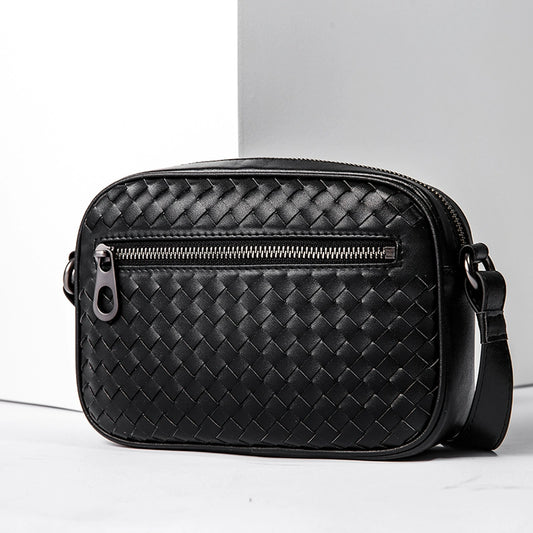 X&BV单肩包男真皮休闲编织男包横款牛皮时尚小背包男士斜挎包韩版