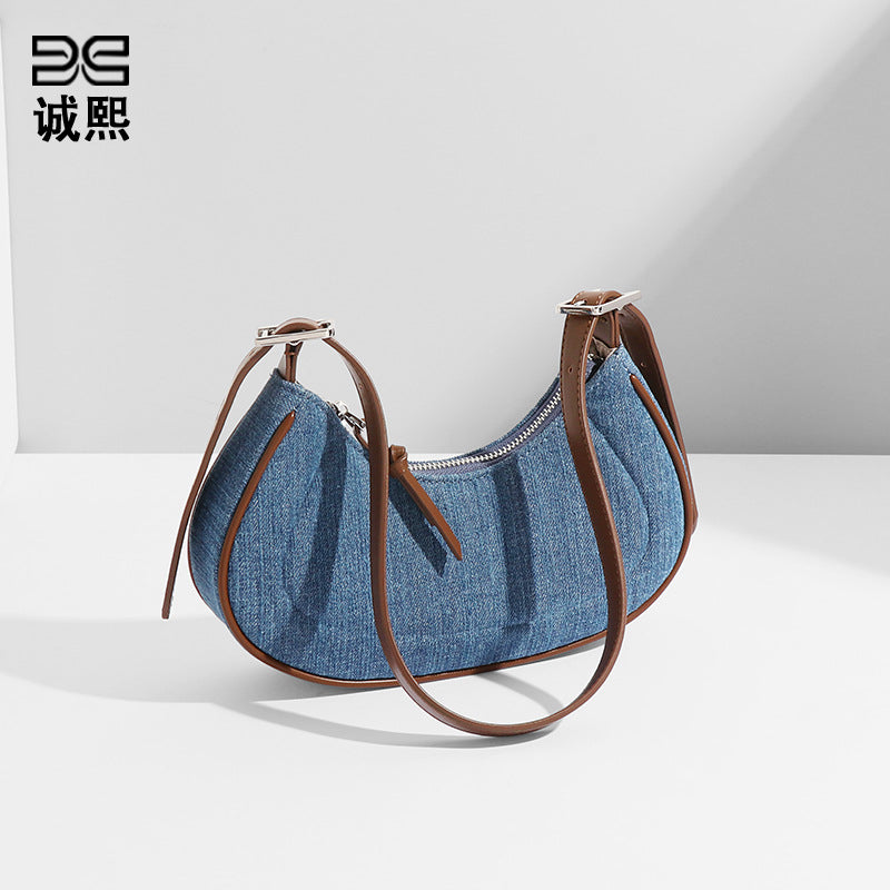 跨境欧美外单批发女包包复古高级质感撞色牛仔布单肩月牙包腋下包