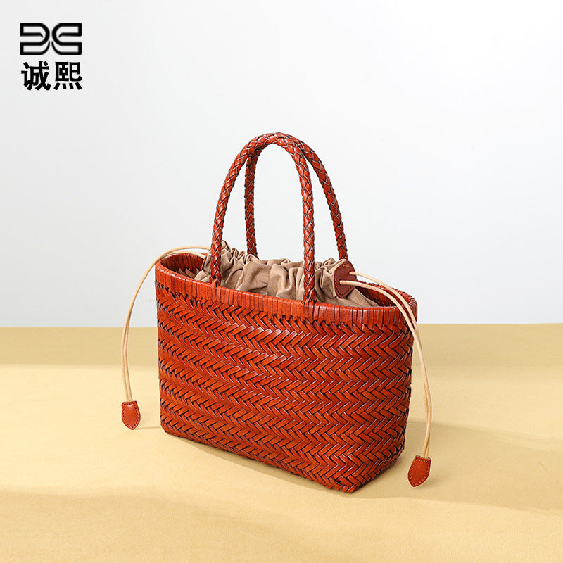 厂家小众设计菜篮子真皮手拎包复古手工编织包单肩斜挎子母编藤包
