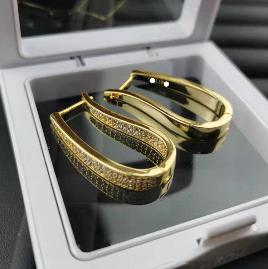 赛家新款耳扣金色满钻镶钻复古气质时尚港风耳饰不规则U形耳环