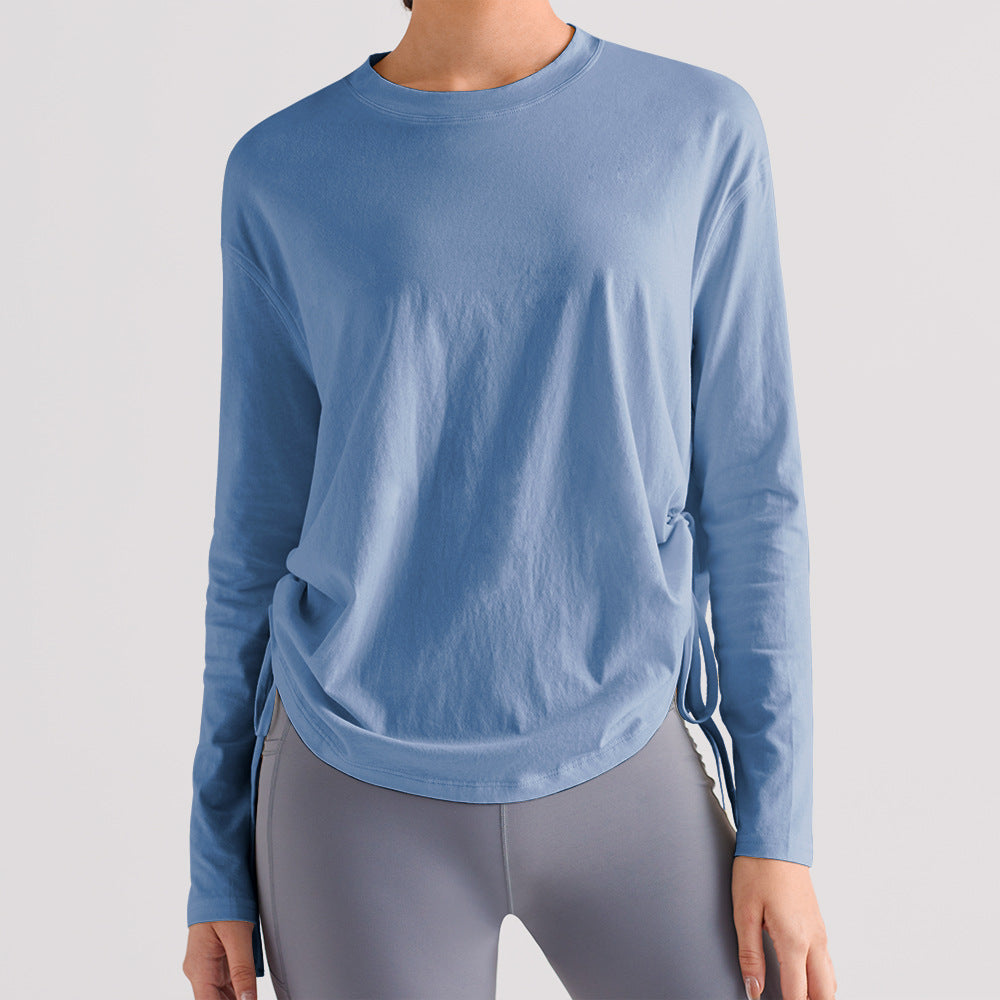 宽松抽绳运动上衣女透气速干健身T恤防晒跑步瑜伽服长袖休闲罩衫