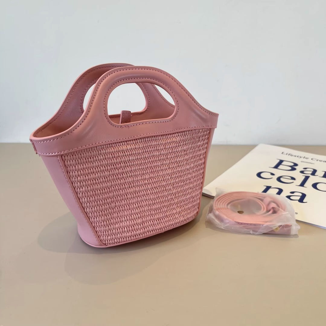 玛尼对版编织包2025春夏草编拼牛皮休闲百搭单肩斜挎迷你菜篮子包