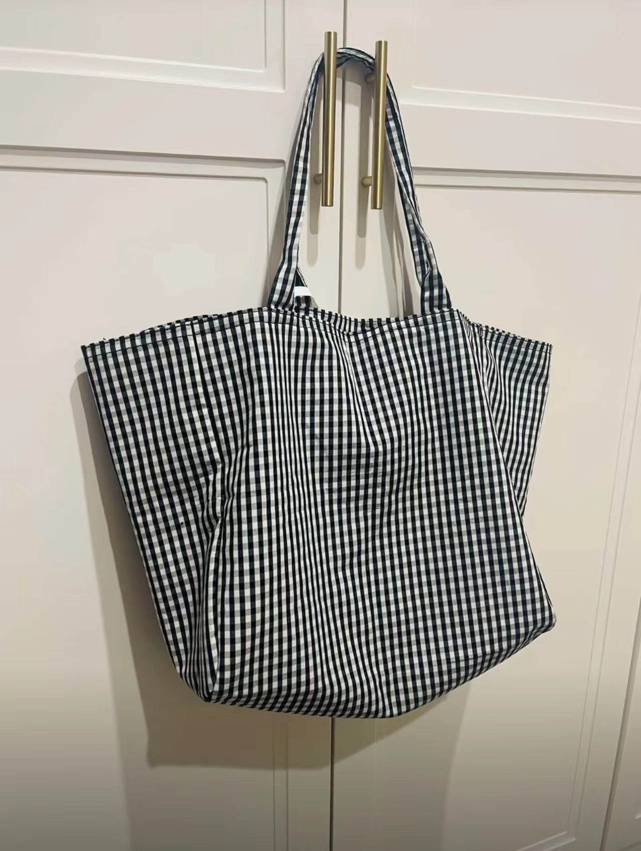 黑白格子帆布包大容量托特包包女休闲慵懒风购物袋轻便单肩包大包