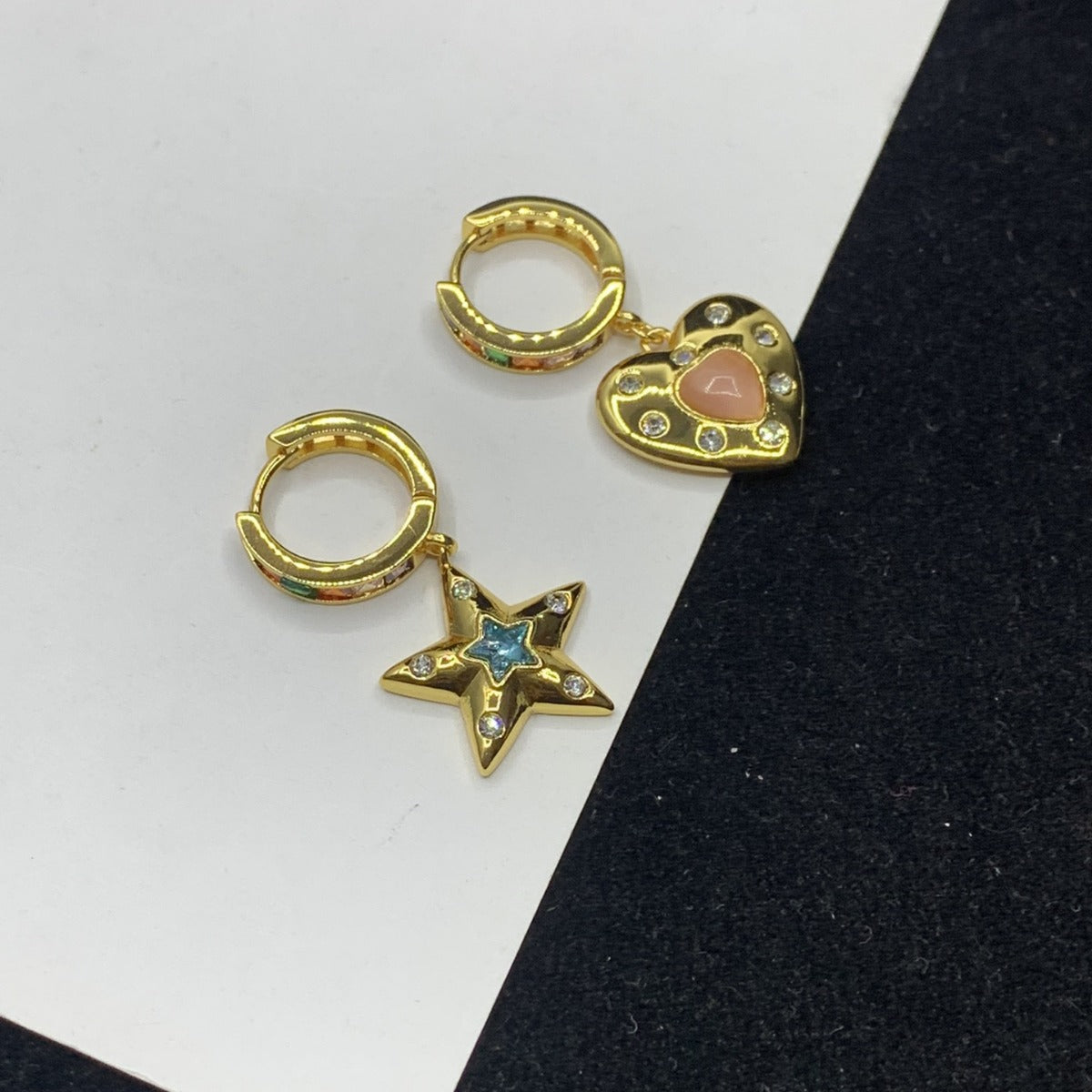 赛林家新款星星爱心耳环女高级感个性气质不对称彩钻猫眼心形耳饰