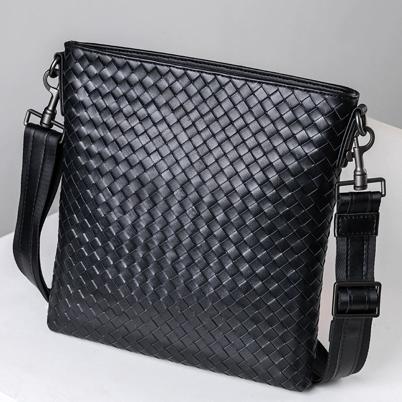 X&BV单肩包男真皮斜挎包竖款商务休闲时尚牛皮编织公文包男小背包