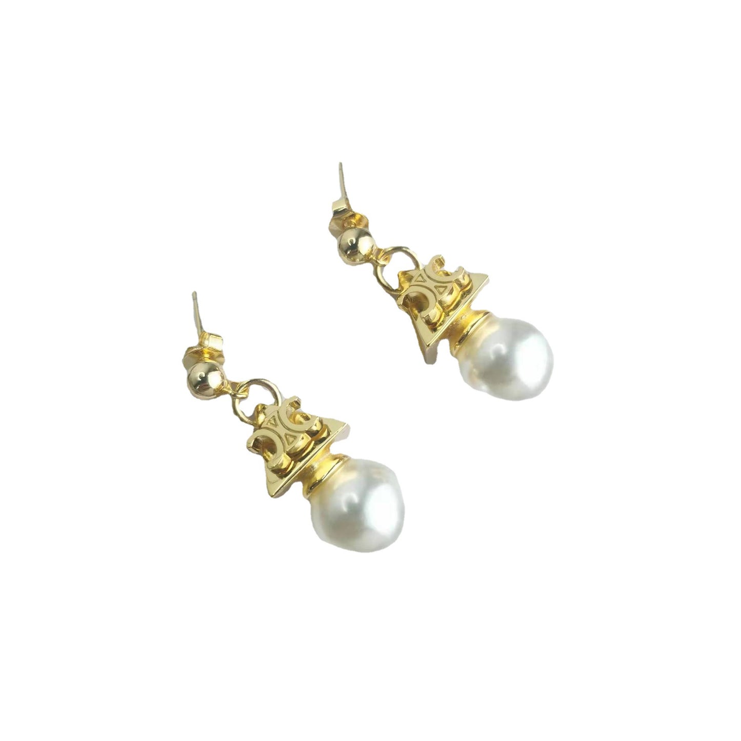 赛林家22新款三角宝塔凯旋门珍珠耳钉女气质光面镀金几何形耳环