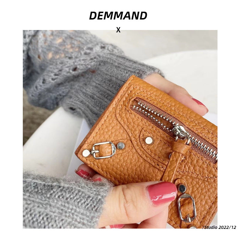 头层牛皮机车三折钱包女士小众风韩版短款钱夹大容量零钱一体卡包