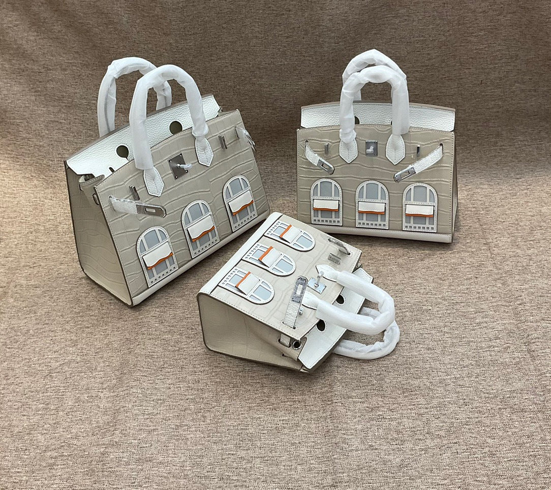 2024真皮手掌纹拼鳄鱼纹牛皮小房子包铂金包时尚拼色手提斜跨女包