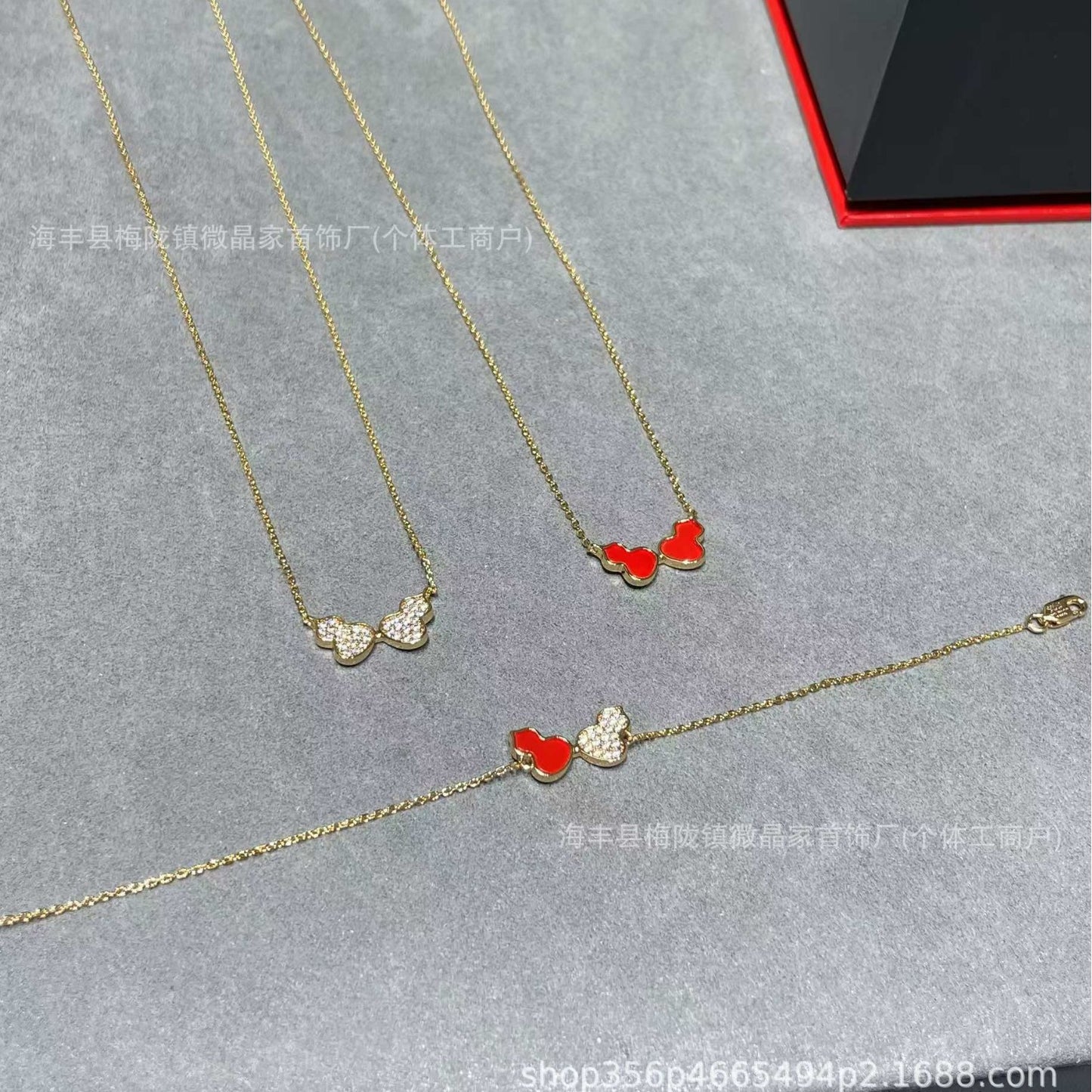 高版本v金双葫芦满钻项链红玛瑙白贝母玉髓轻奢国风吊坠锁骨链女