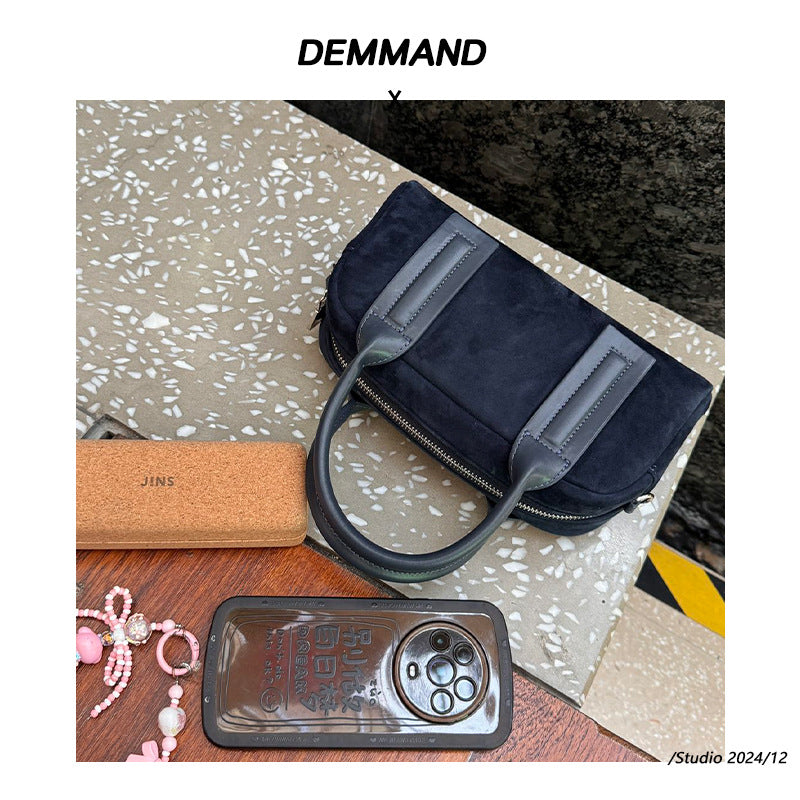 2024秋冬新款复古小众设计麂皮绒波士顿枕头包时尚单肩斜挎手提包