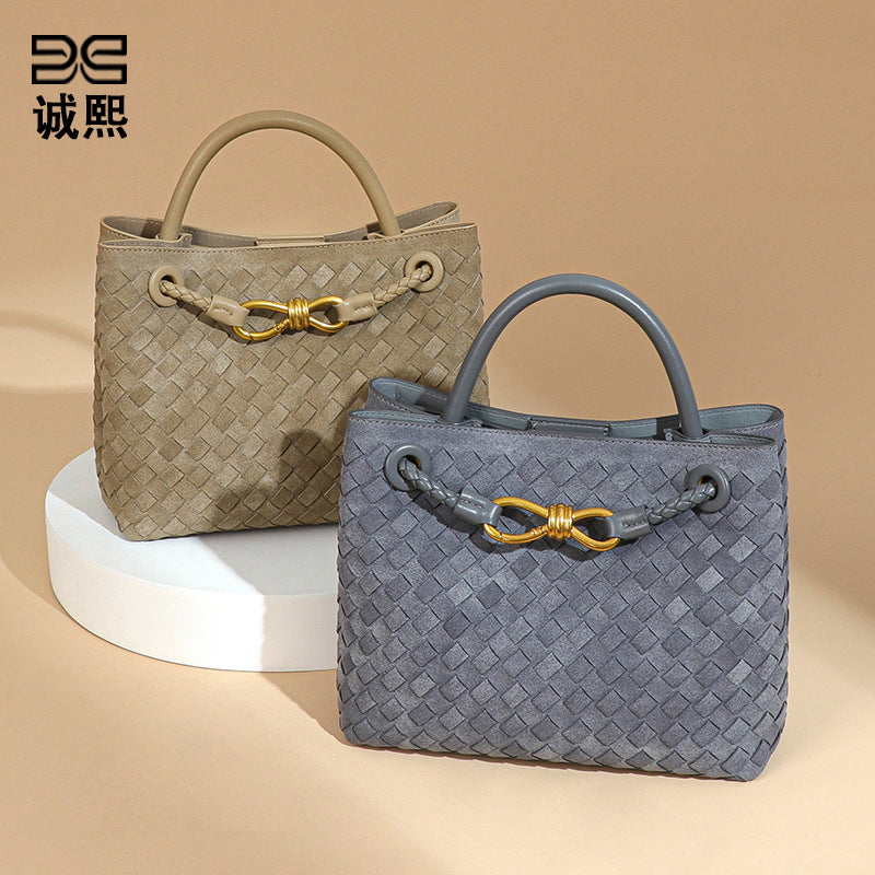 欧美高级感手提托特包秋冬复古磨砂麂皮绒编织女包时尚单肩斜跨包